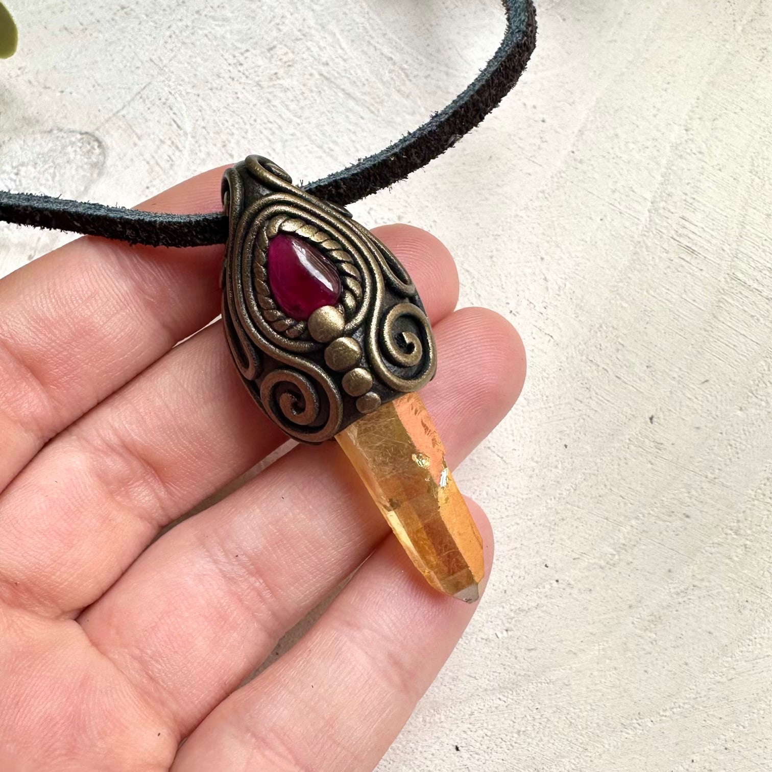 Spiritual jewelry necklace featuring Sunset Aura Quartz and Rhodolite Garnet for love, healing, and positive energy.