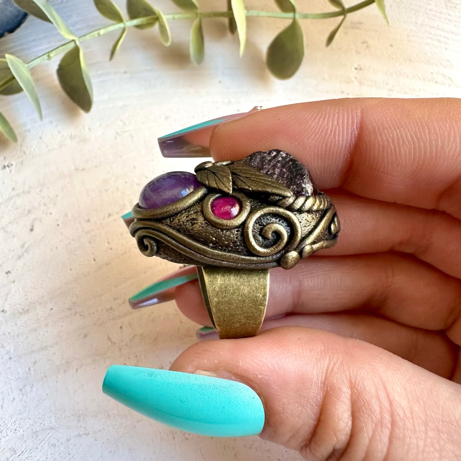 Energy crystal ring with rhodolite garnet and scapolite
