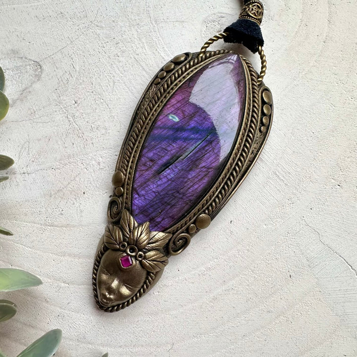 Purple labradorite and ruby healing crystal necklace