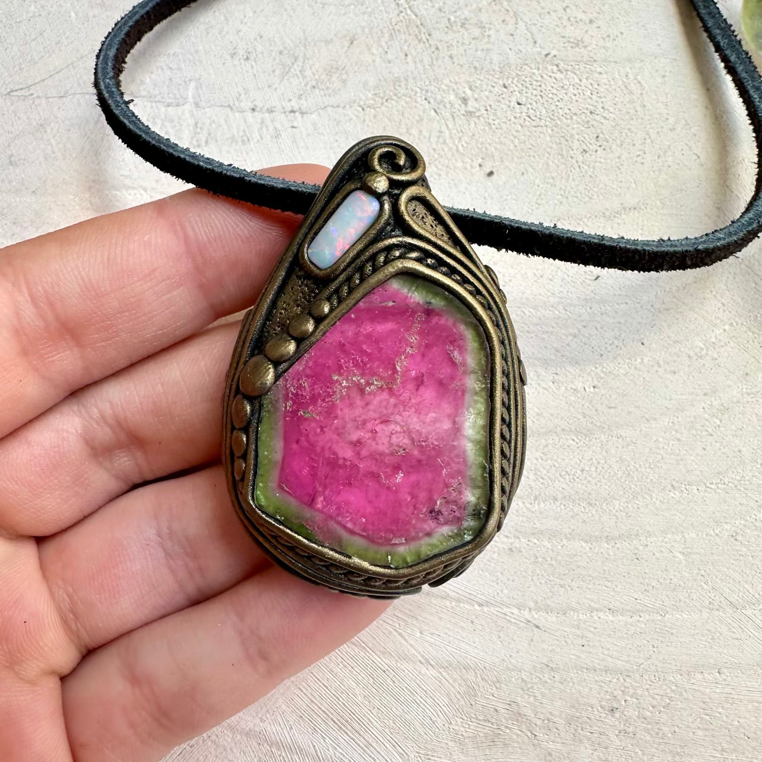 Luxury handmade spiritual jewelry with watermelon tourmaline and opal