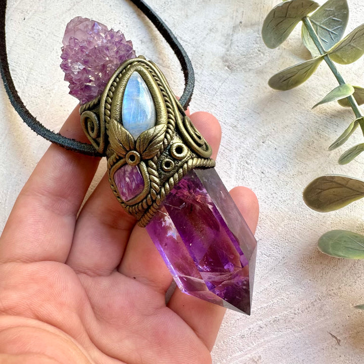 Handmade crystal jewelry combining Amethyst with Rainbow Moonstone and Charoite.