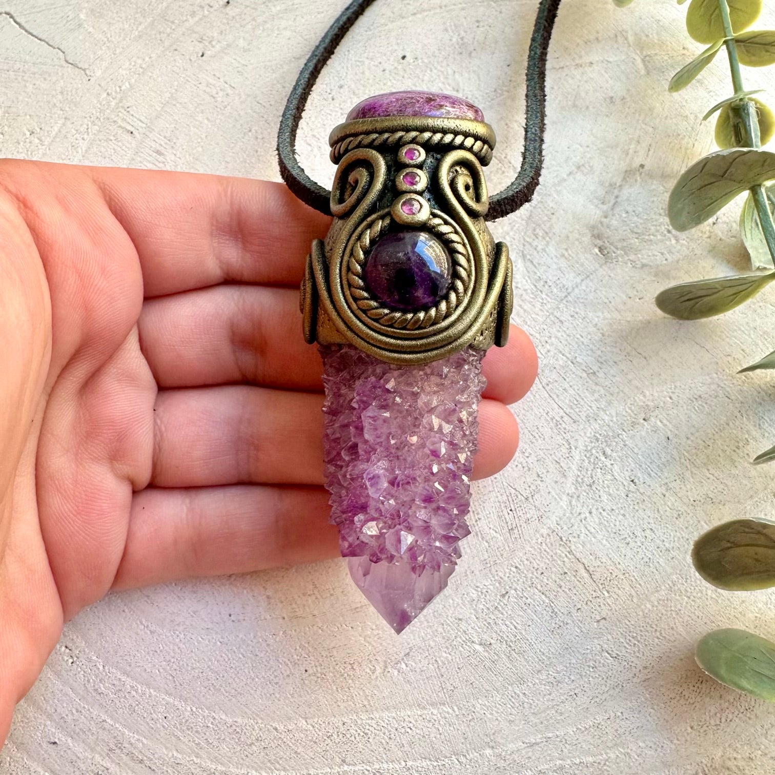 Handmade gemstone necklace combining Spirit Quartz, Stichtite and natural Amethyst.