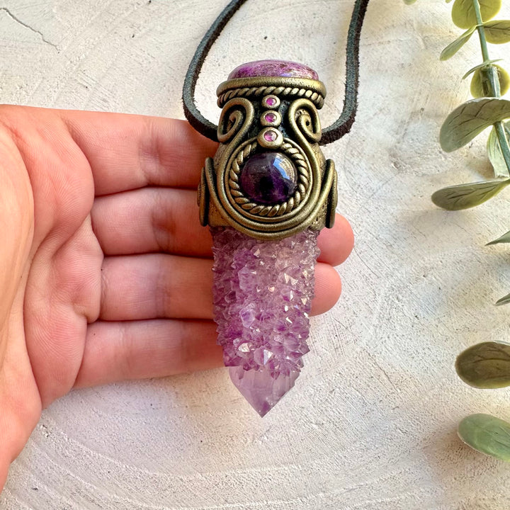 Handmade gemstone necklace combining Spirit Quartz, Stichtite and natural Amethyst.