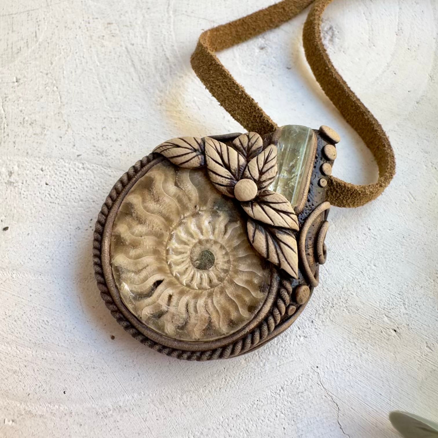 One of a kind ammonite fossil gemstone necklace for men and women
