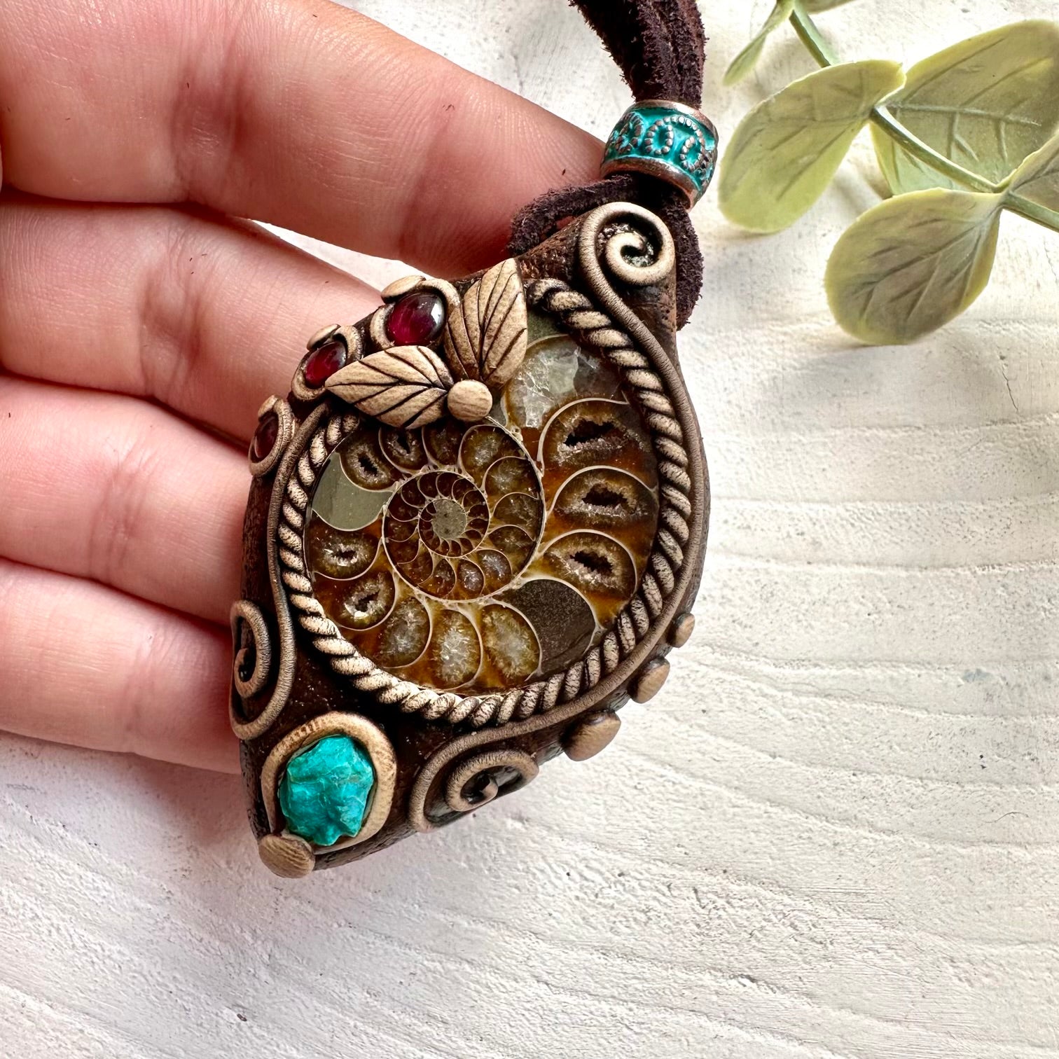 Protection amulet necklace with Ammonite, Chrysocolla and Rhodolite Garnet healing crystals