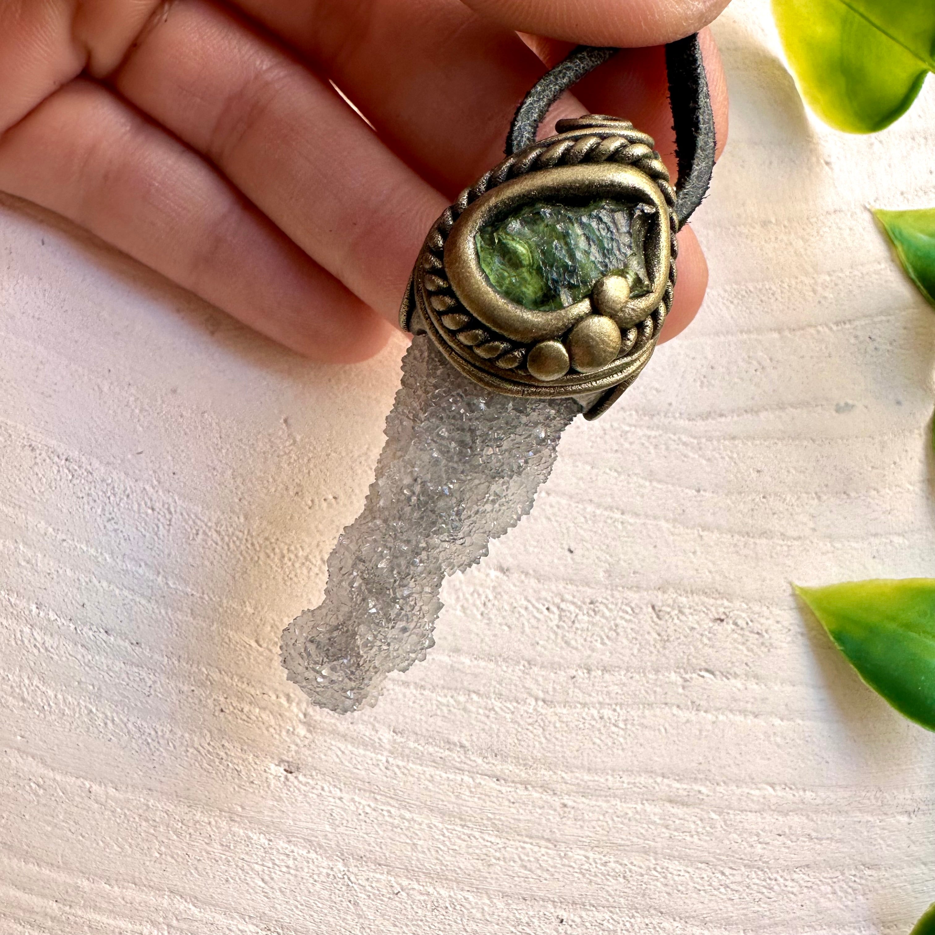 Healing stone necklace combining Apophyllite, Chalcedony and Moldavite