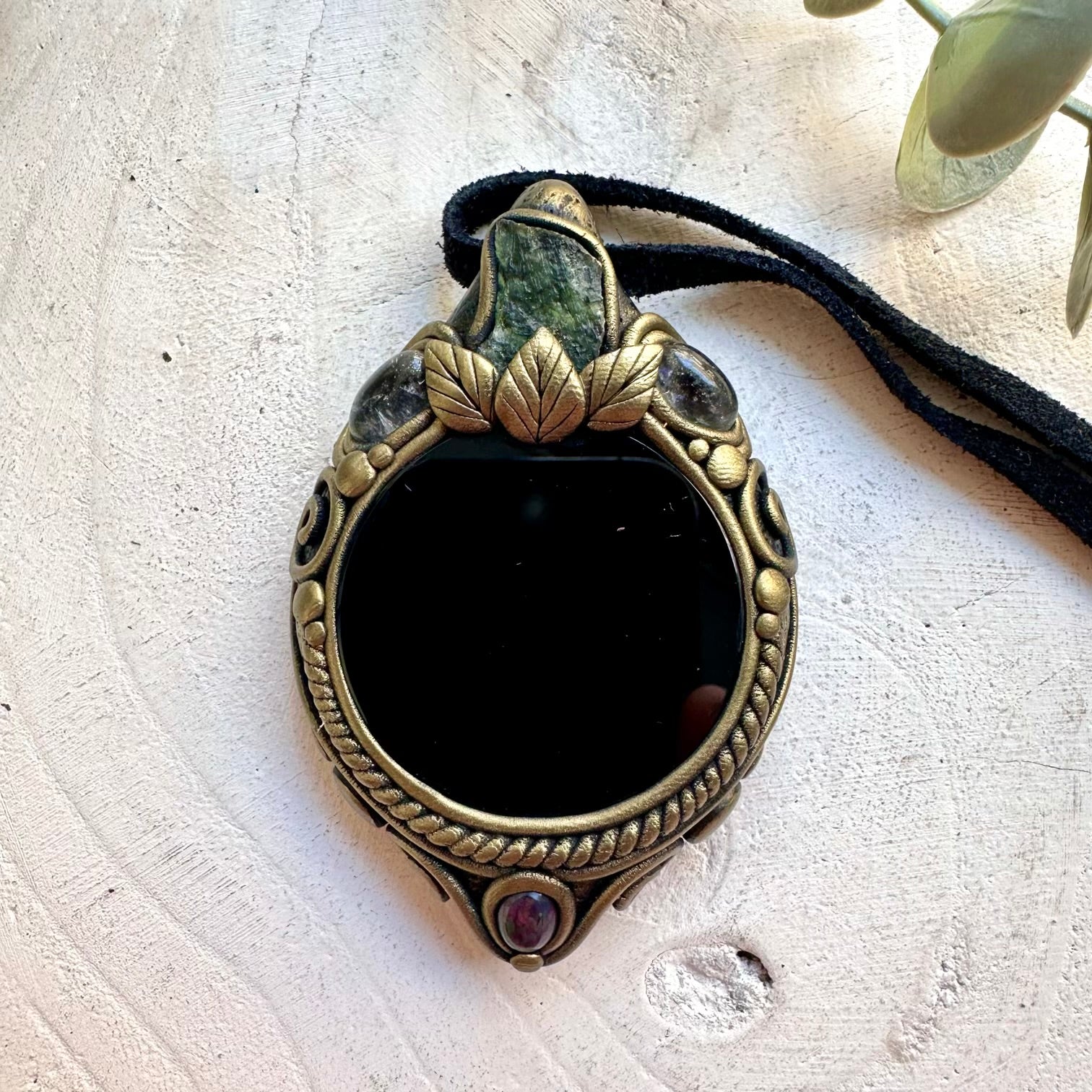 Spiritual crystal jewelry with Black Obsidian Mirror, Clear Topaz and Moldavite for a unique mystical look.