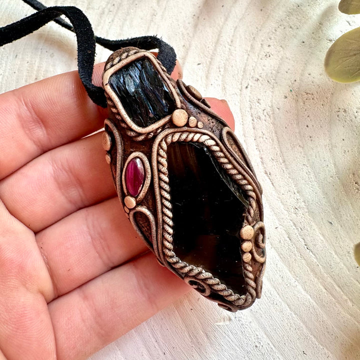 unisex necklace featuring dark Black Obsidian with colorful natural healing crystals.