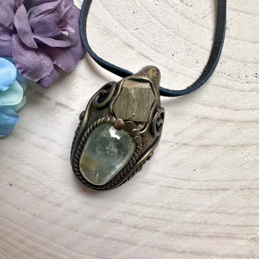 Ethically sourced Topaz and natural Pyrite pendant, artisan handcrafted unisex gemstone jewelry.