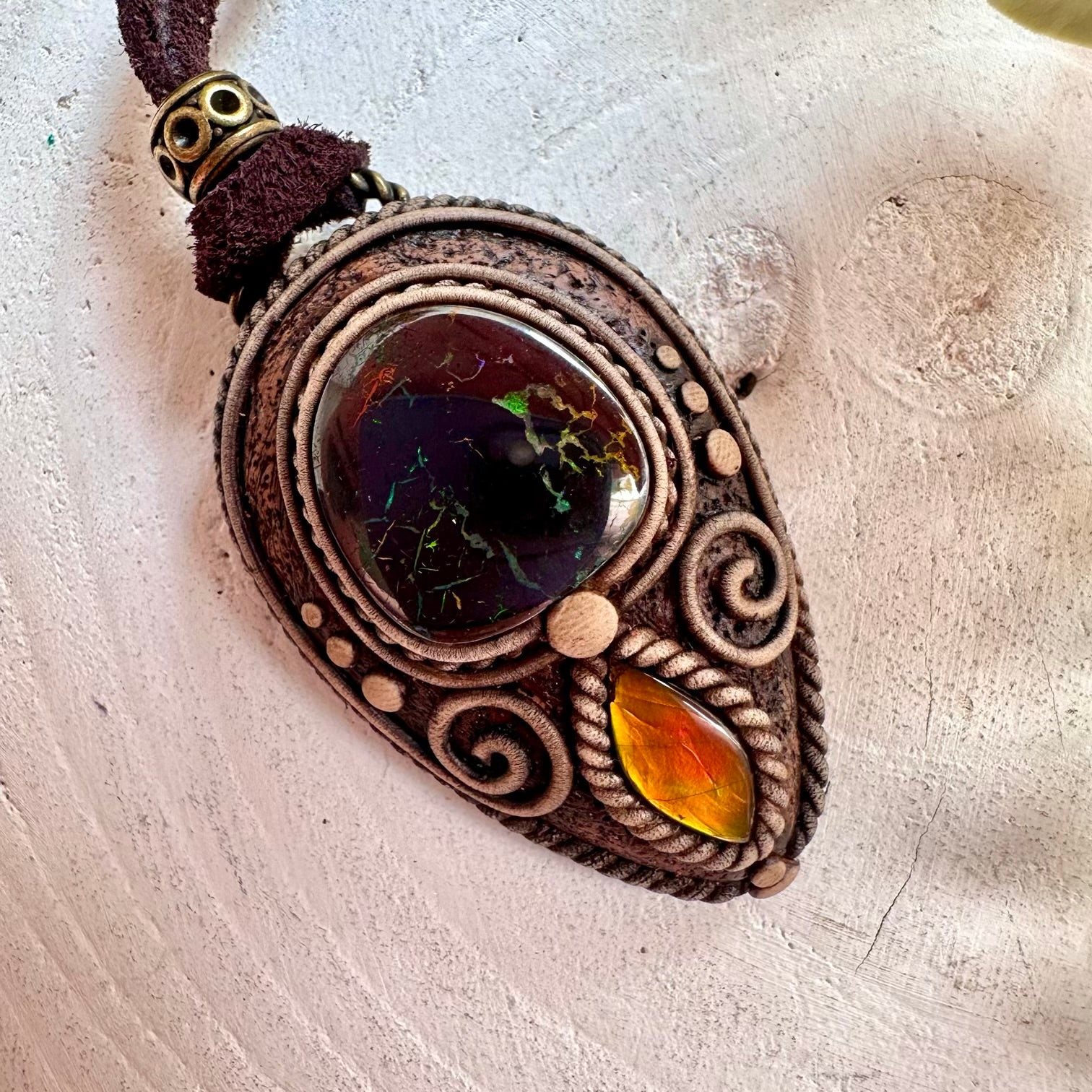 Statement gemstone necklace with colorful Boulder Opal and natural Ammolite.