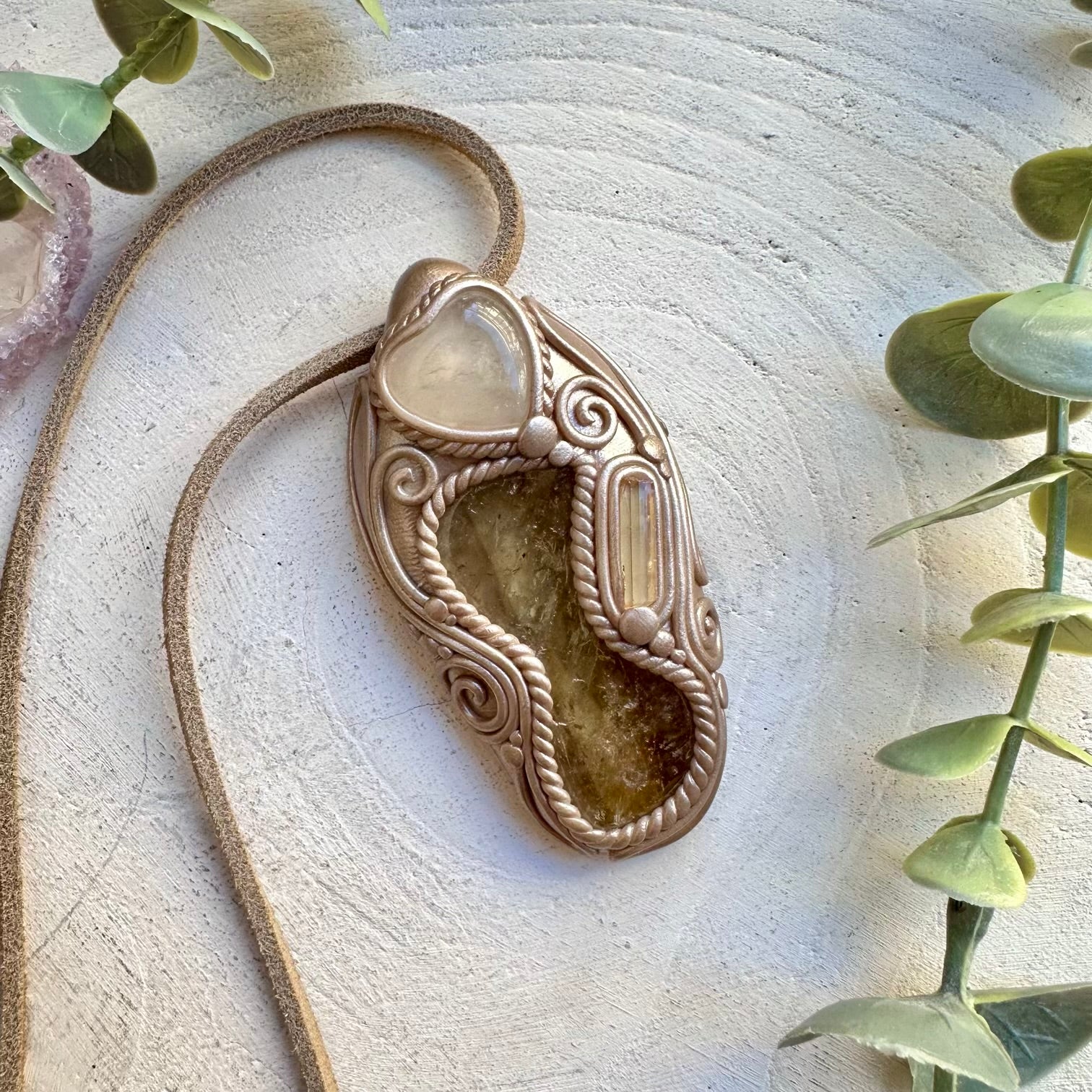 Natural polished citrine clear quartz heart and imperial topaz necklace