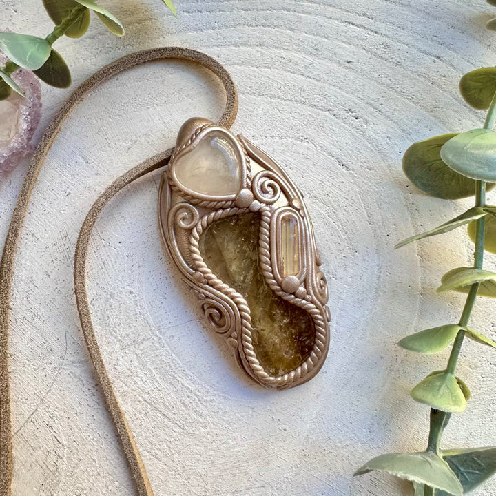 Natural polished citrine clear quartz heart and imperial topaz necklace
