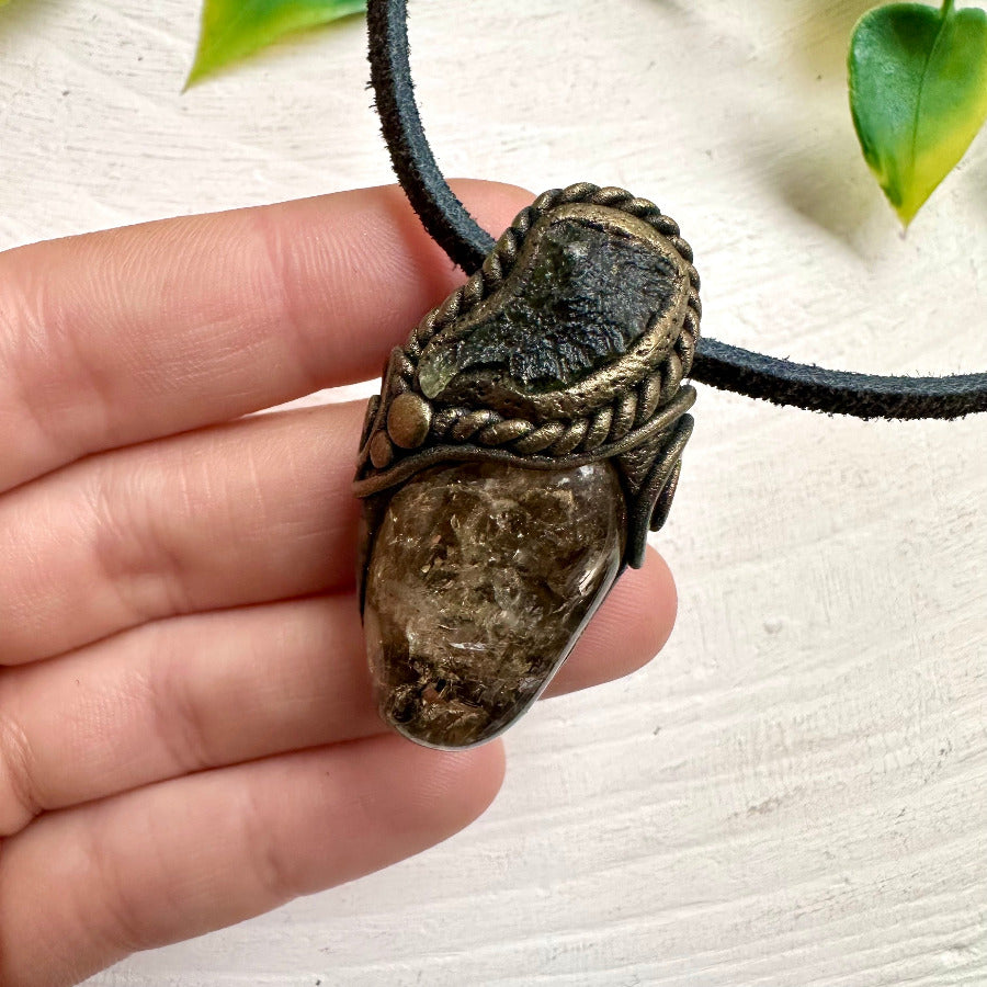 Natural Citrine and Moldavite pendant necklace – raw crystal jewelry