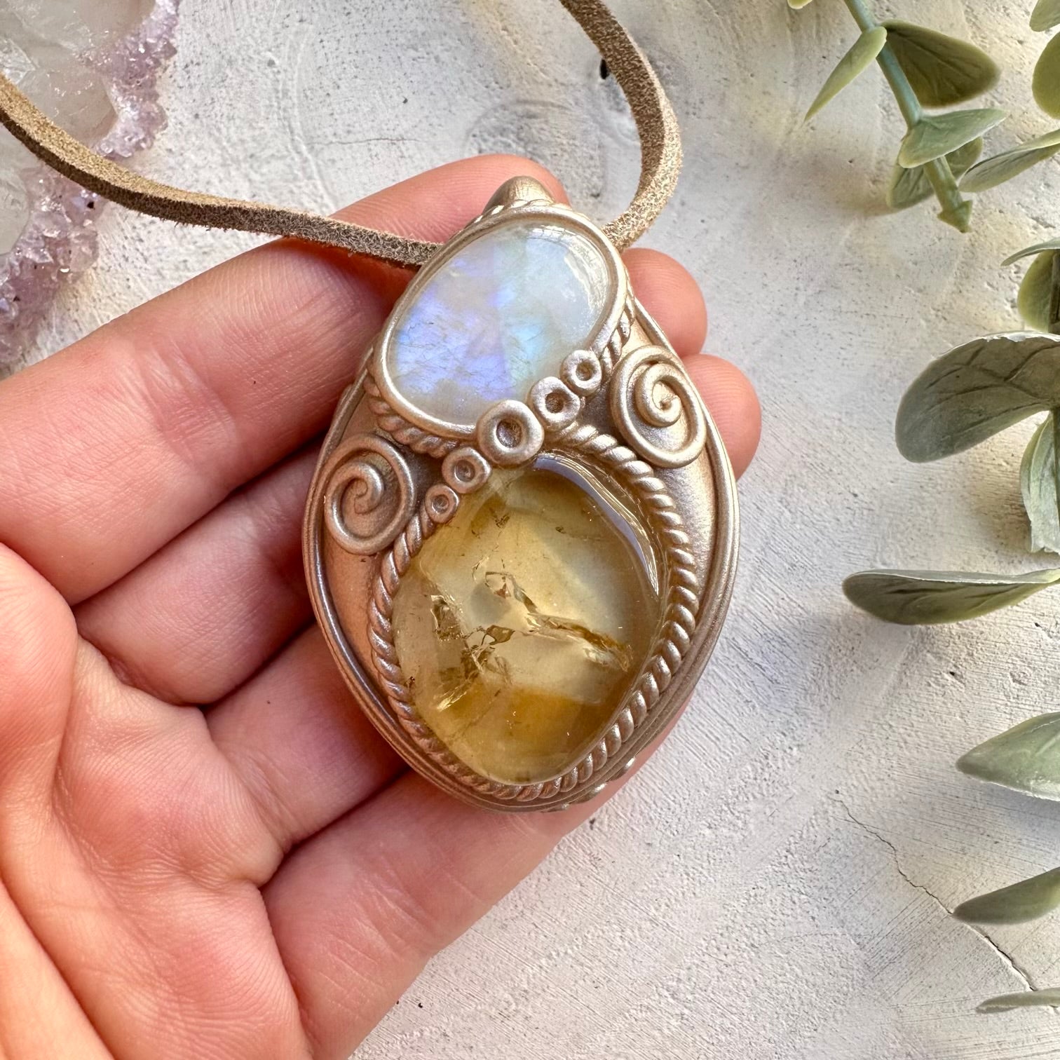 Natural citrine and rainbow moonstone necklace