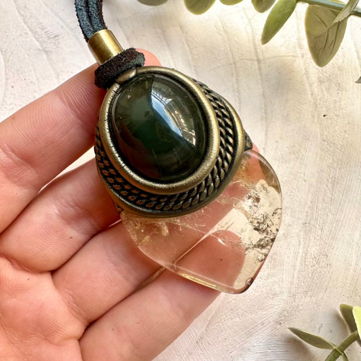 Handmade necklace featuring polished citrine and rainbow obsidian crystals