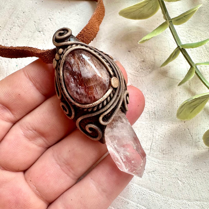 One of a kind crystal talisman necklace with Clear Quartz and Red Quartz gemstones