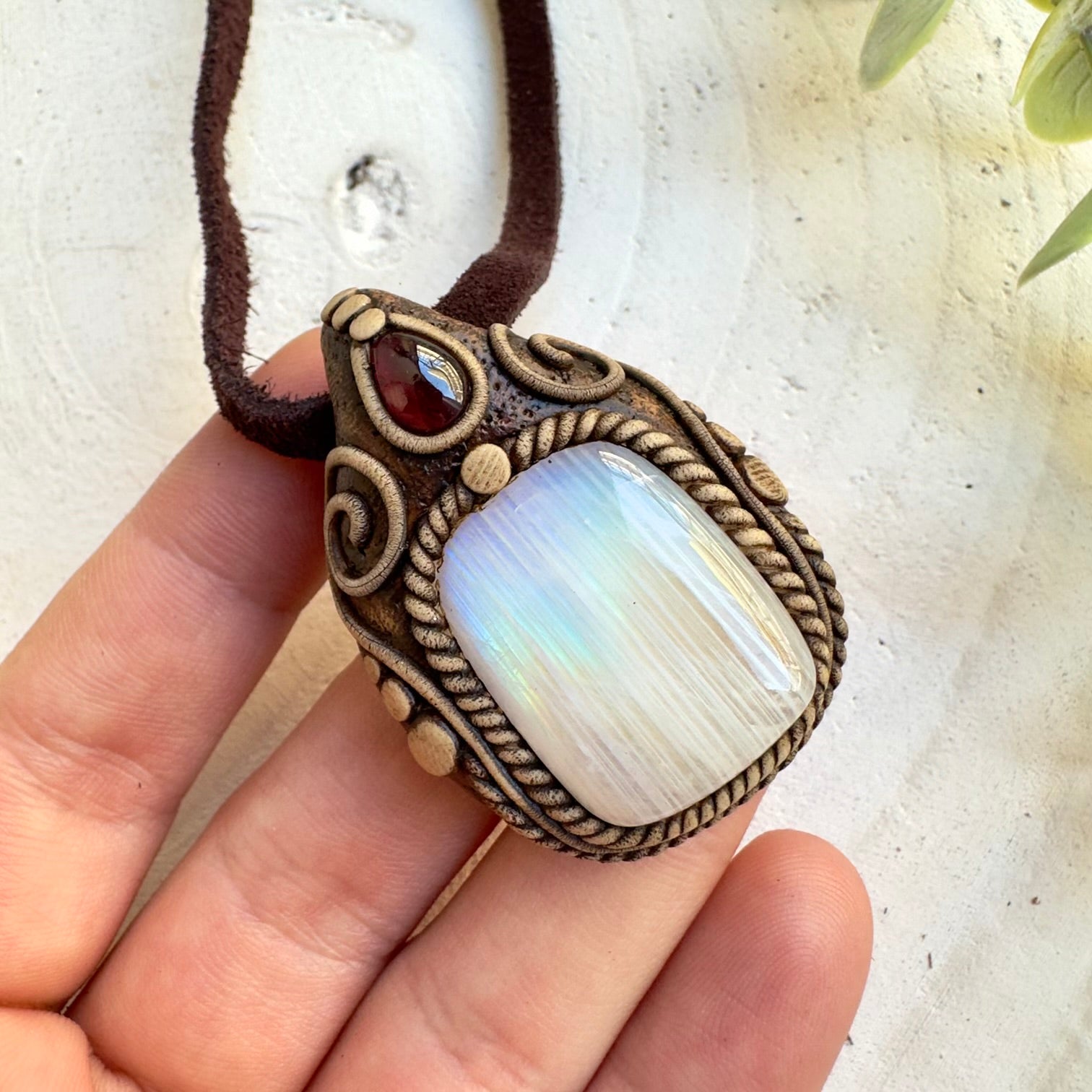 Handmade gemstone necklace with moonstone and garnet