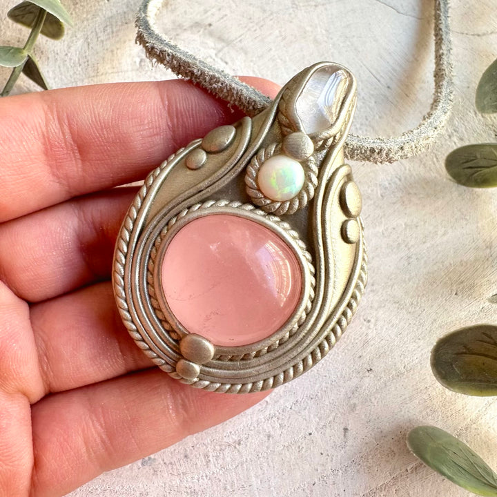 One of a kind gemstone necklace with soft pink Rose Quartz, luminous Danburite and colorful Ethiopian Opal.