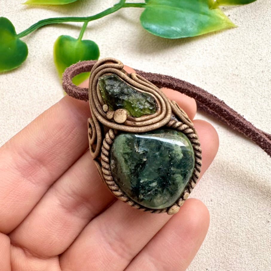 Epidote in Prehnite and Moldavite Pendant Necklace - FairyGardenGlow