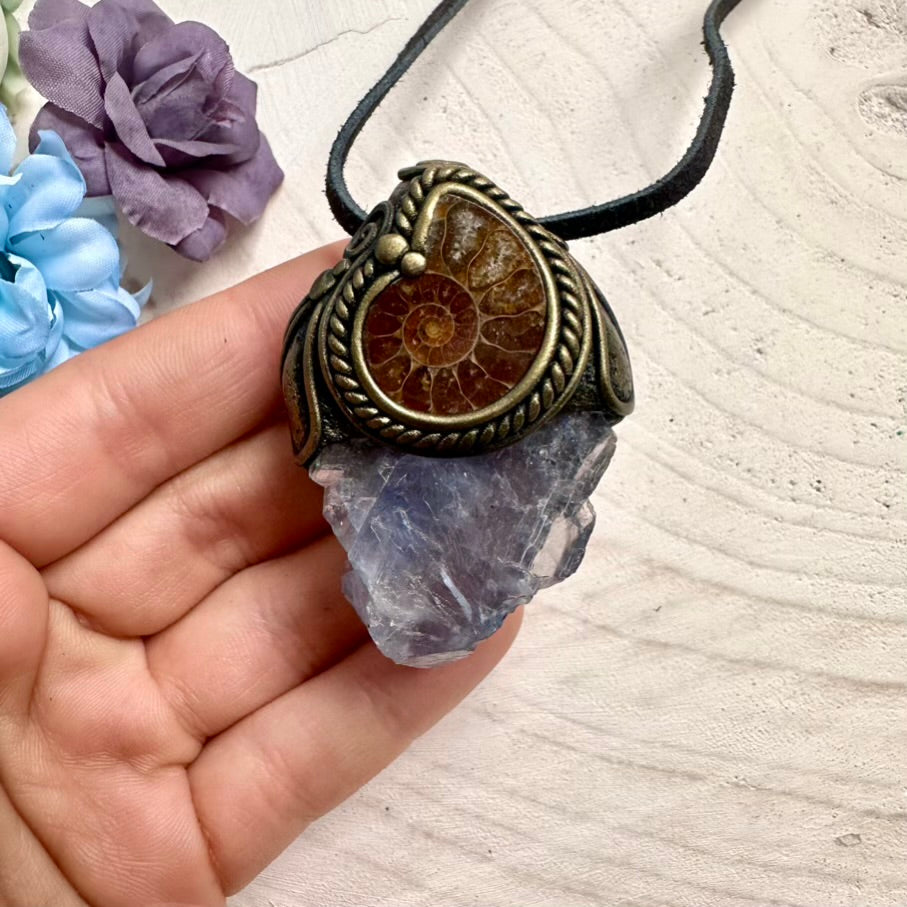 Light Blue Fluorite crystal paired with sacred spiral Ammonite fossil, handcrafted spiritual necklace.