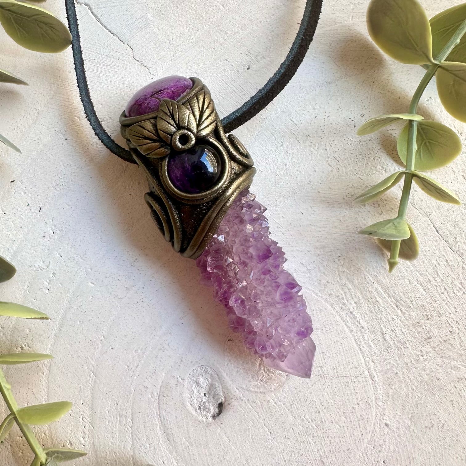 One of a kind crystal necklace featuring Deep Purple Spirit Quartz, Stichtite and genuine Amethyst.