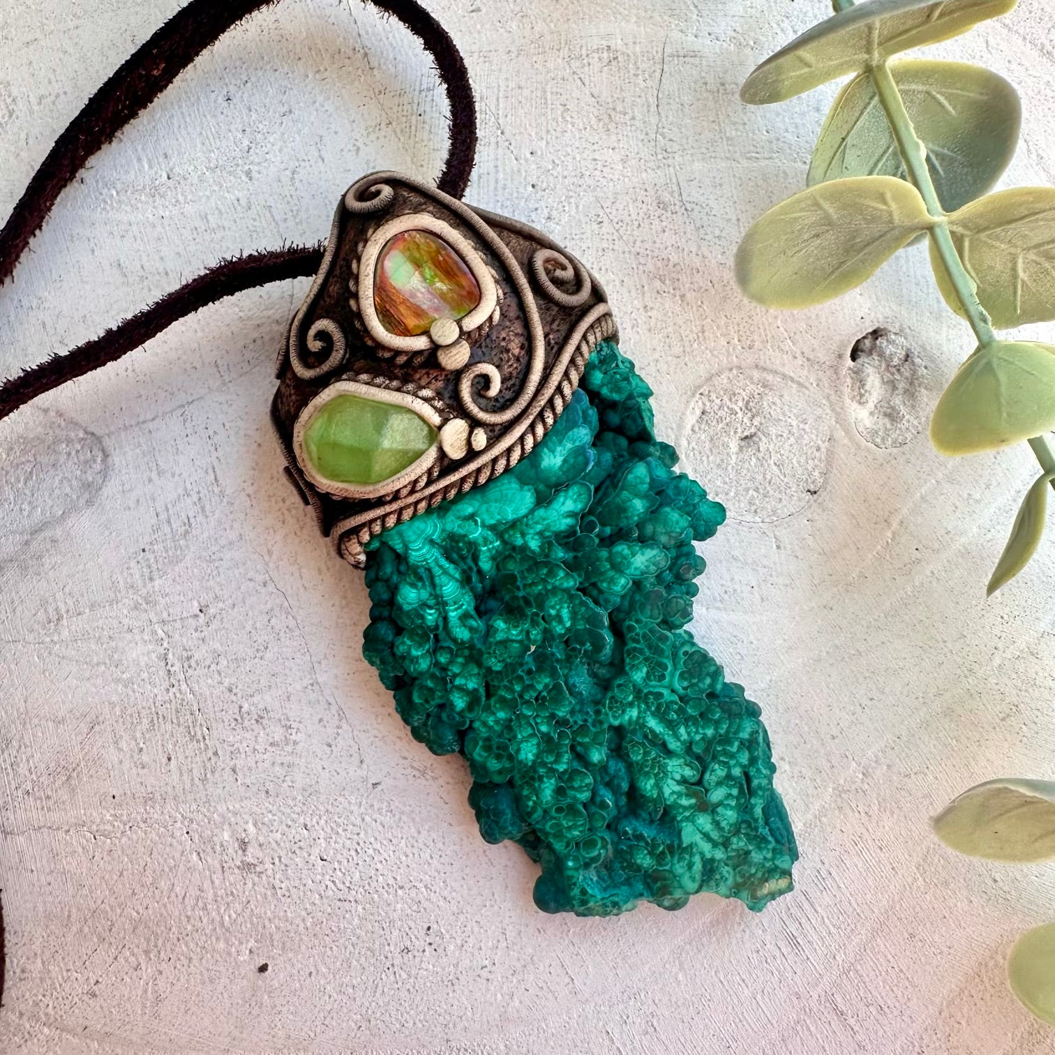 Healing crystal talisman featuring Malachite, Ammolite and Peridot