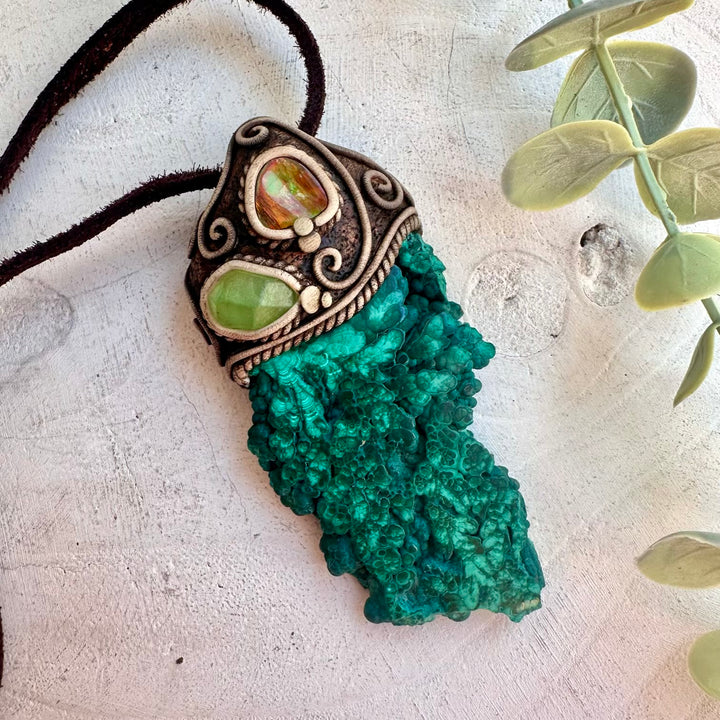 Healing crystal talisman featuring Malachite, Ammolite and Peridot