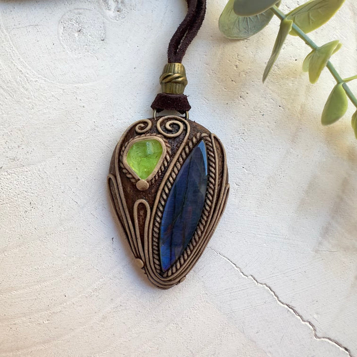 Handmade gemstone necklace featuring labradorite and peridot