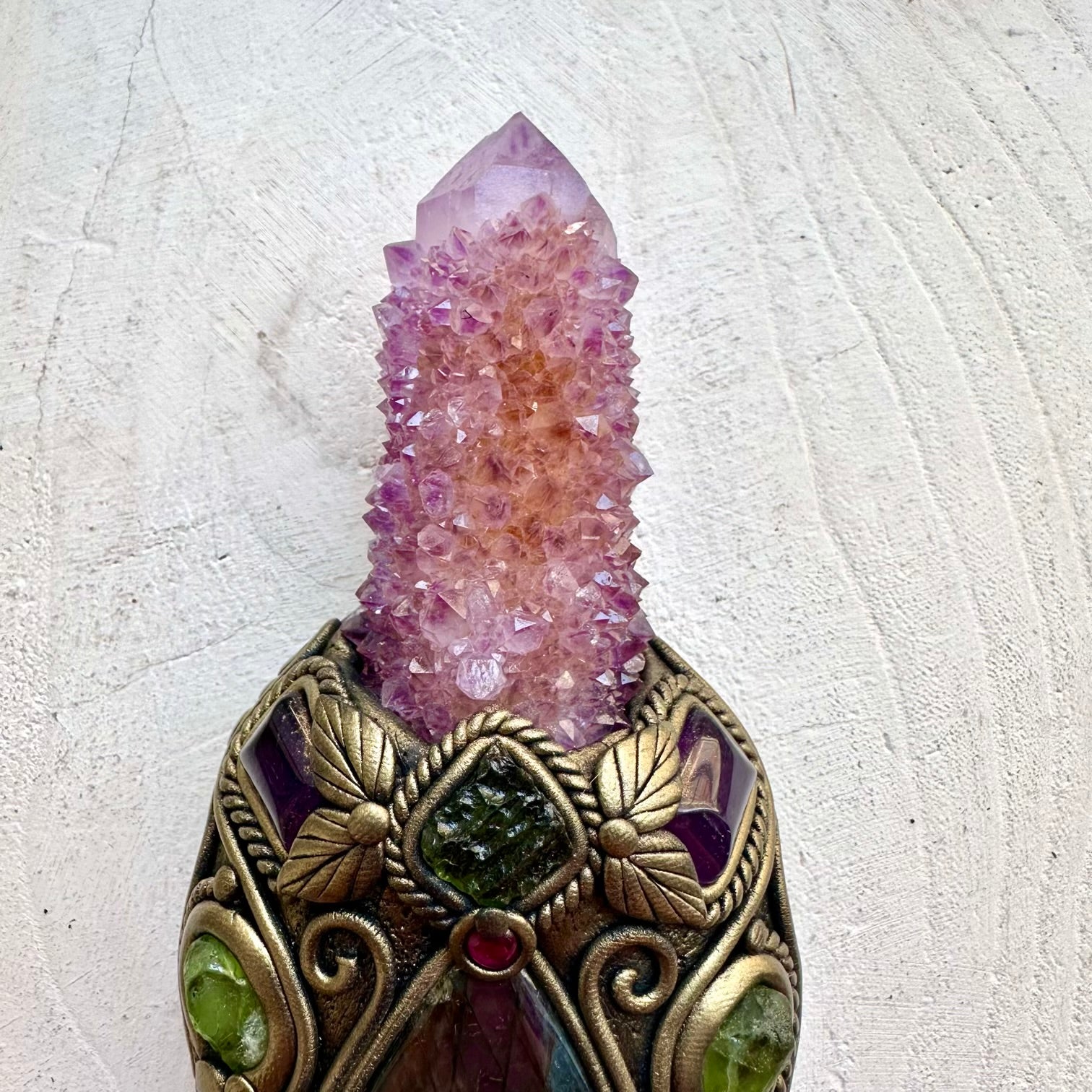 Statement crystal wand made with Black Obsidian and Amethyst, Moldavite, Peridot, Spirit Quartz healing crystals.