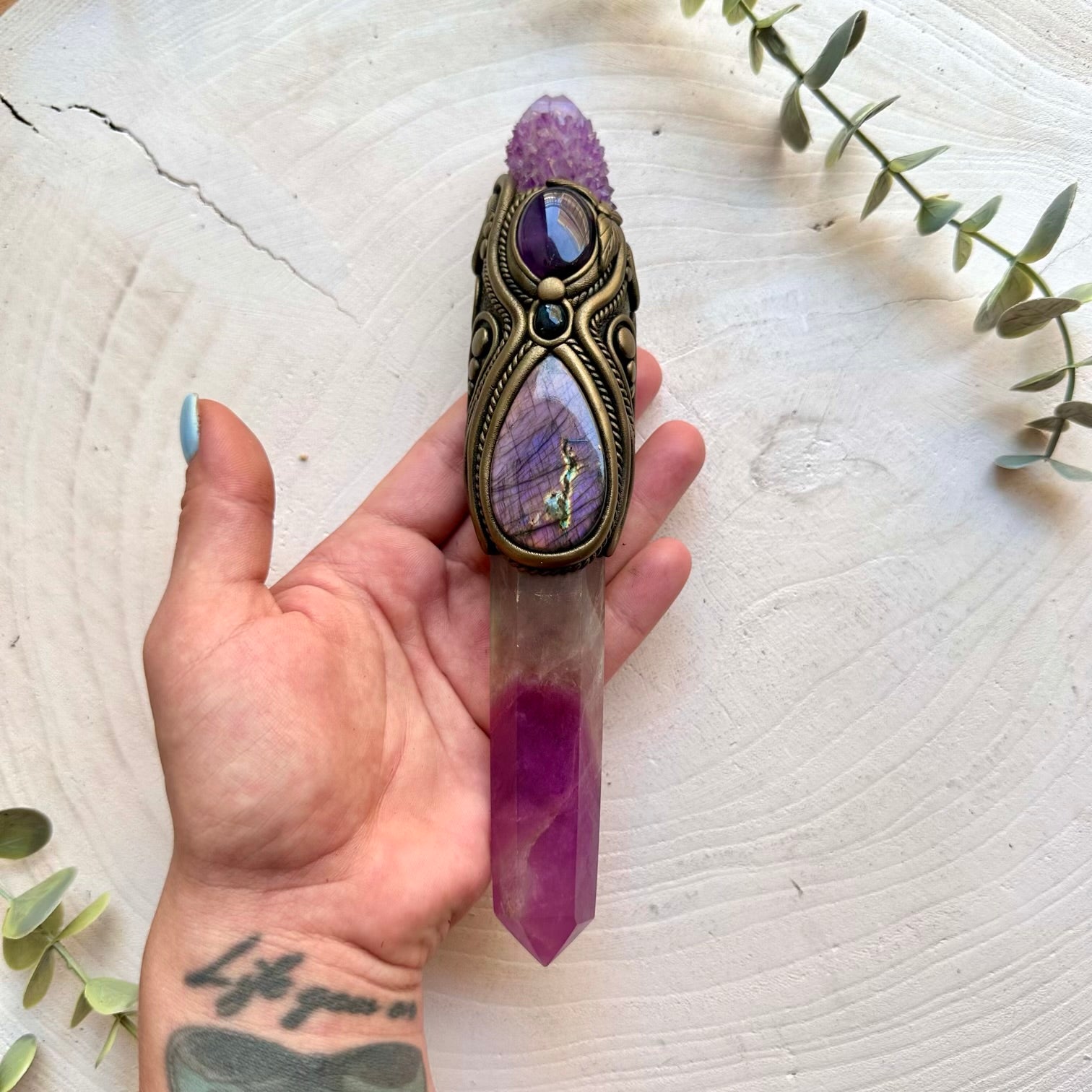 Spiritual crystal wand made with genuine Rainbow Fluorite, Purple Labradorite and Amethyst.