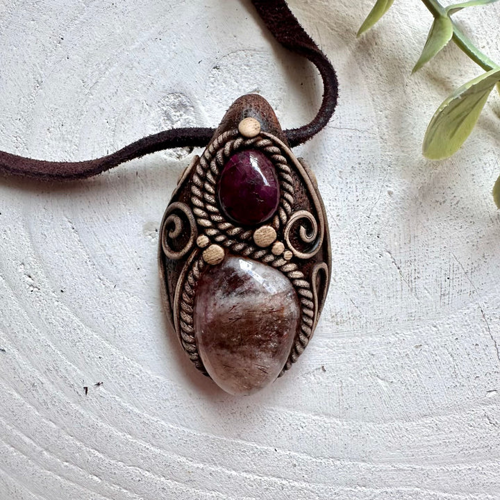 Handmade unisex Hematite Quartz and Ruby pendant necklace