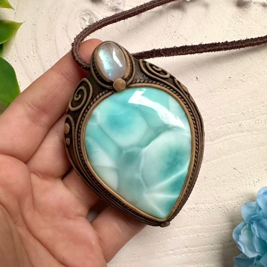 High-quality Larimar necklace with iridescent Rainbow Moonstone