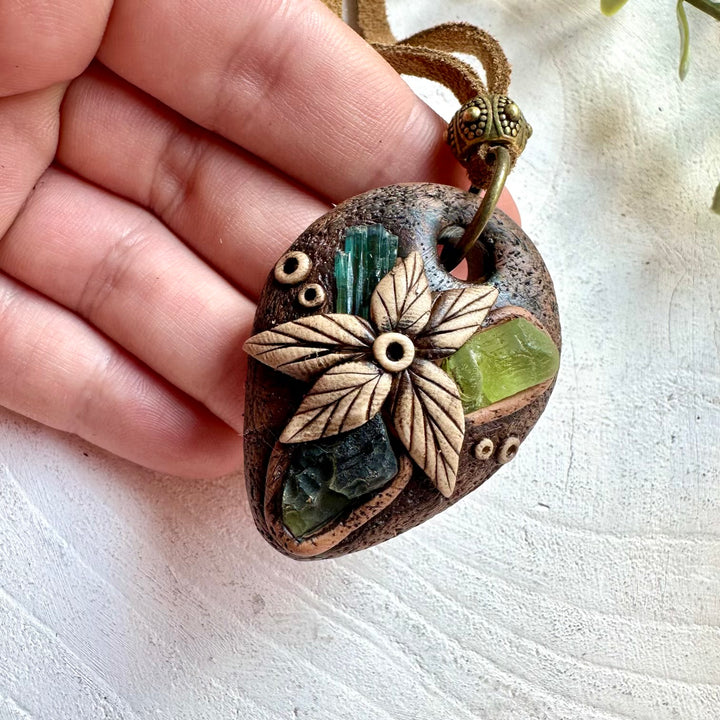 Handmade unisex gemstone necklace with Moldavite Peridot and Green Tourmaline crystals
