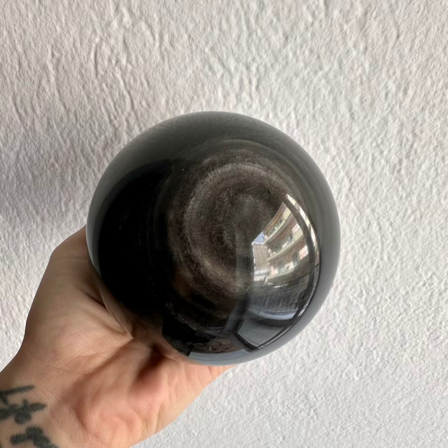 Obsidian Sphere – Natural Silver Obsidian Crystal Ball (9 cm) for Protection, Grounding & Energy Shielding - FairyGardenGlow