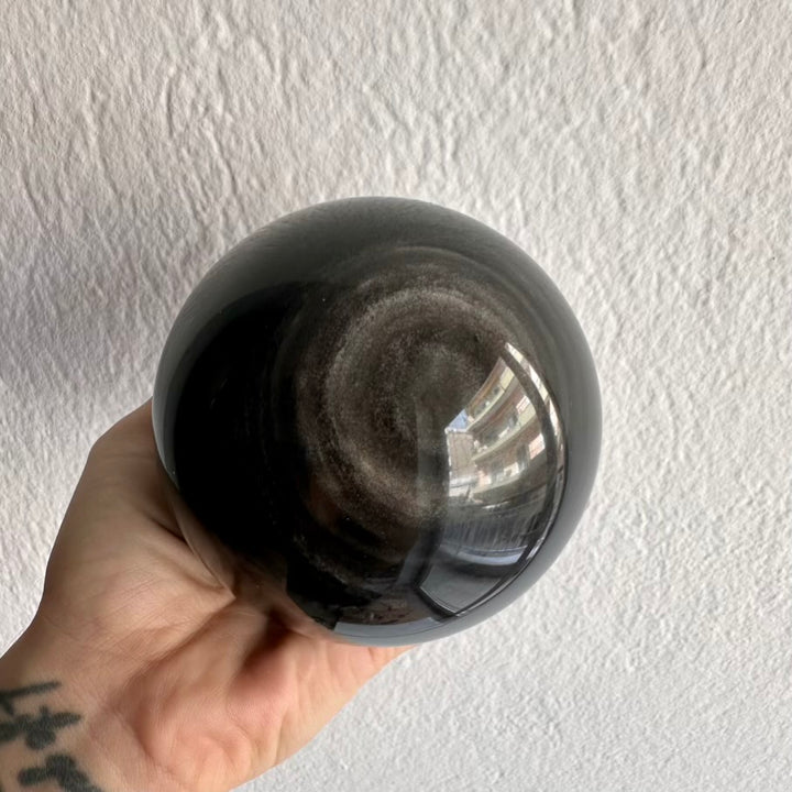 Obsidian Sphere – Natural Silver Obsidian Crystal Ball (9 cm) for Protection, Grounding & Energy Shielding - FairyGardenGlow