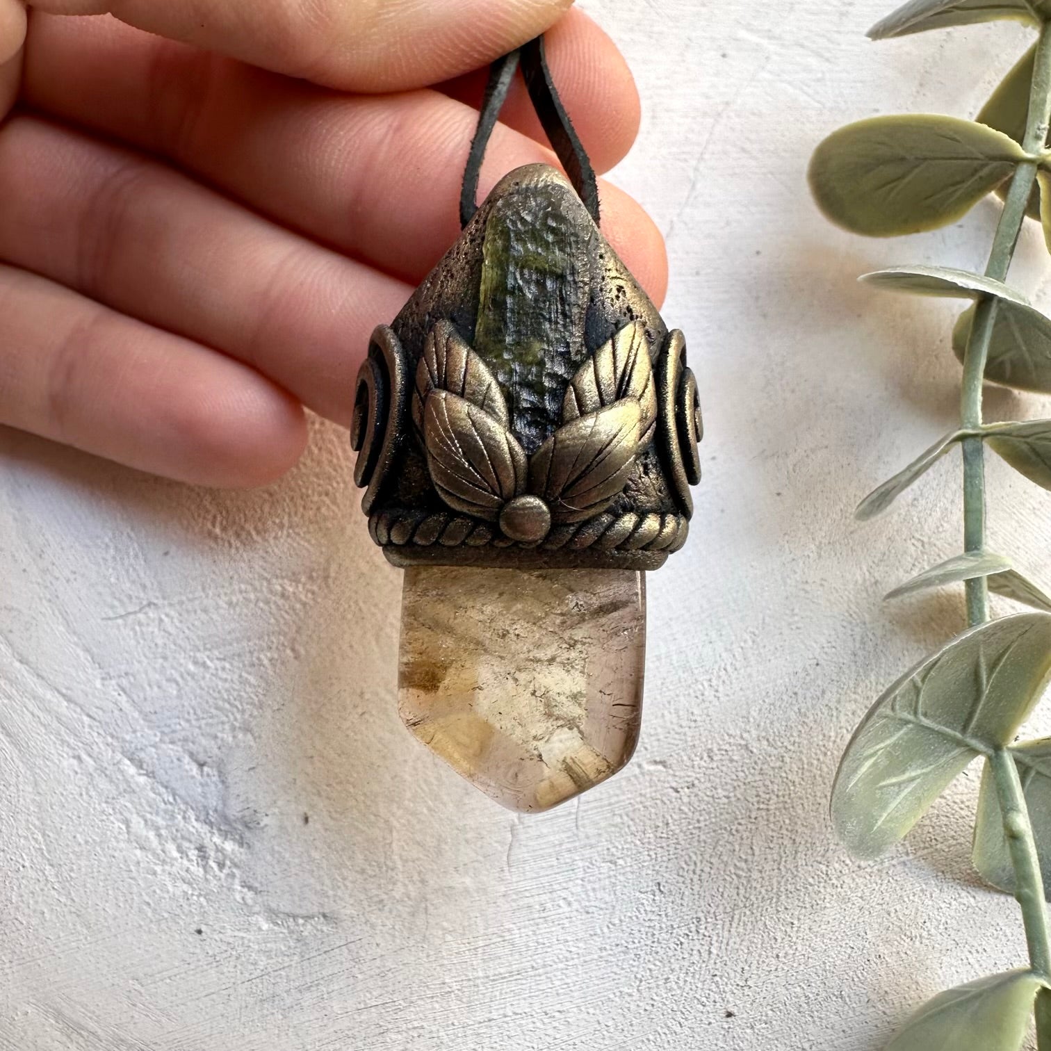 Natural polished citrine and raw moldavite crystal necklace, healing jewelry