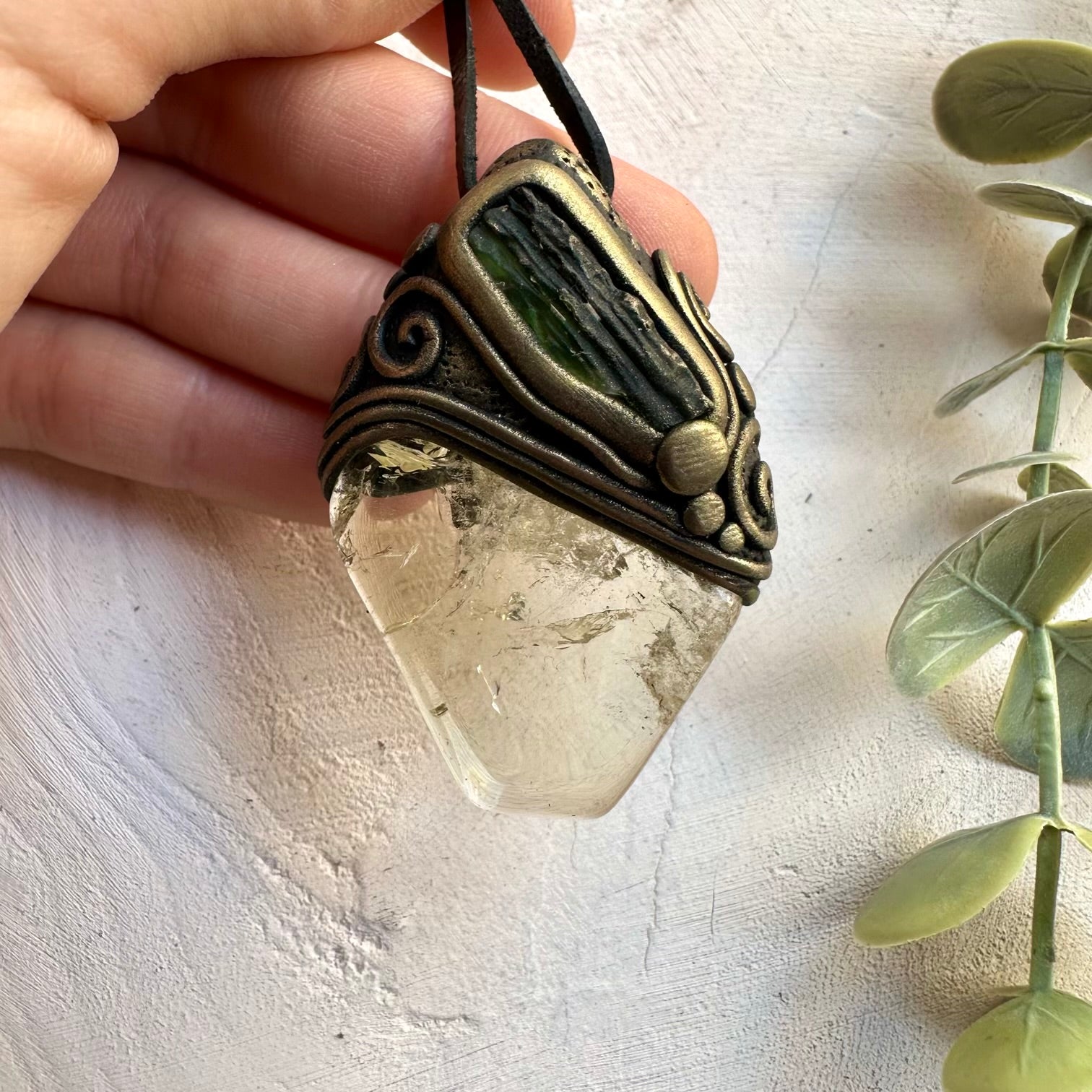 Natural polished citrine and raw moldavite pendant necklace, handmade crystal jewelry