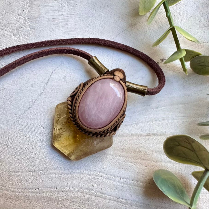 Natural polished citrine and rose quartz necklace, handmade crystal jewelry
