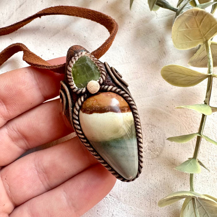 Boho crystal pendant necklace with Polychrome Jasper and Peridot for spiritual jewelry lovers