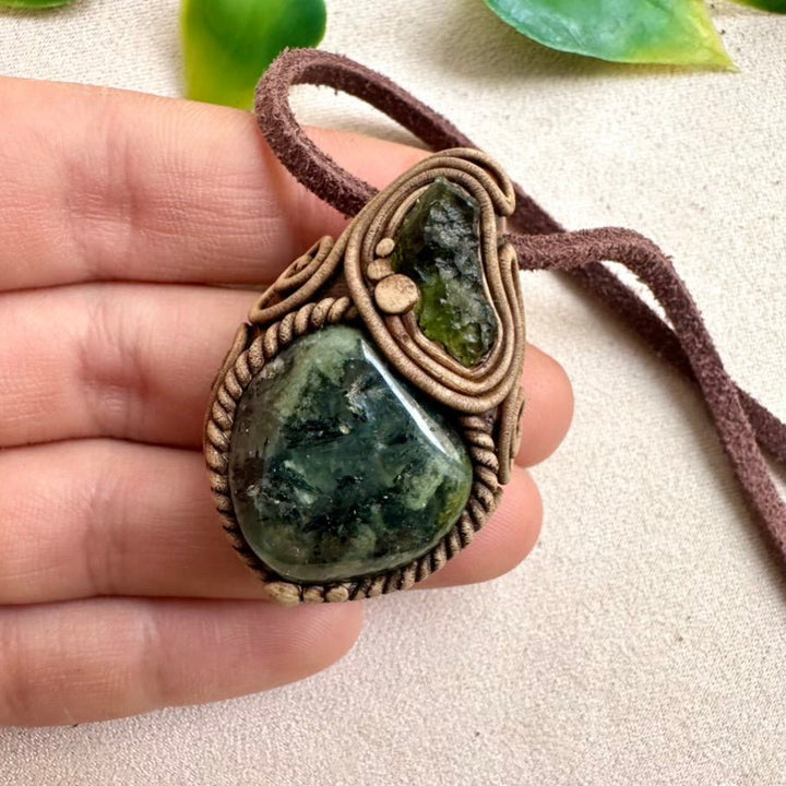 Epidote in Prehnite and Moldavite Pendant Necklace - FairyGardenGlow