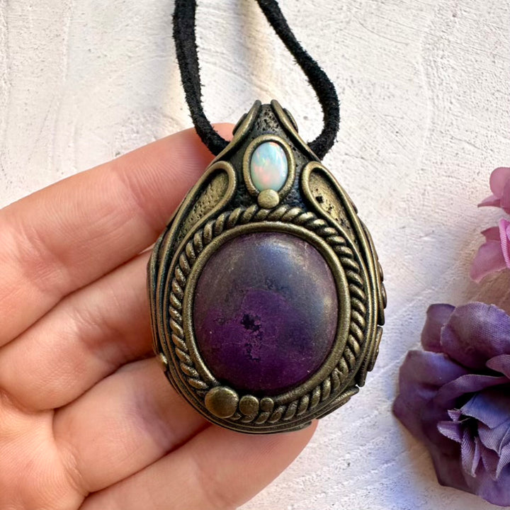 One-of-a-kind Purpurite crystal pendant paired with authentic Australian Opal, wearable spiritual amulet handmade with intention.