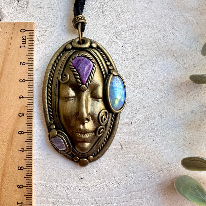 Handmade Goddess necklace featuring Rainbow Moonstone, Charoite and Kunzite metaphysical crystal jewelry.