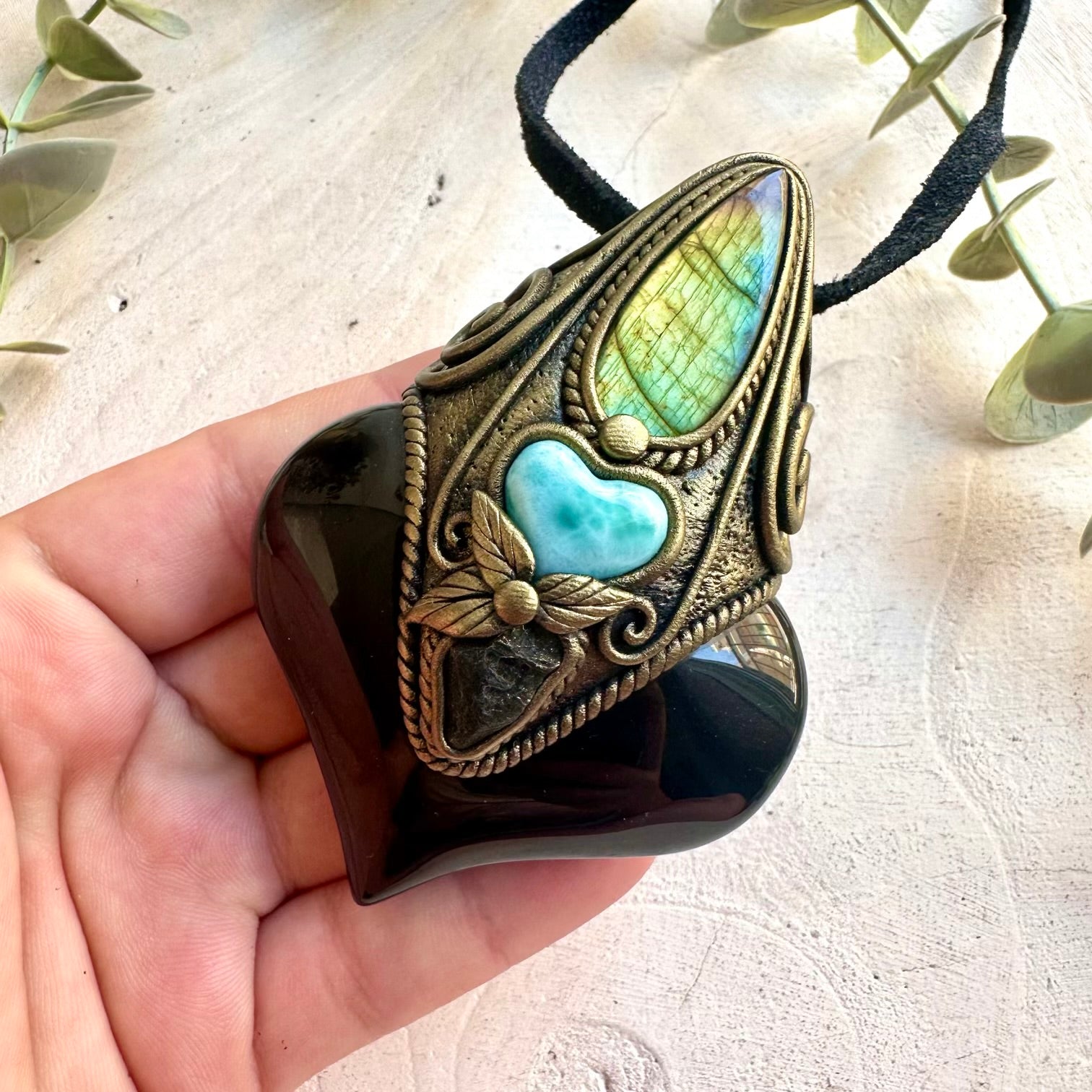 Healing crystal protection amulet necklace featuring Rainbow Obsidian, Labradorite, Larimar and Moldavite.