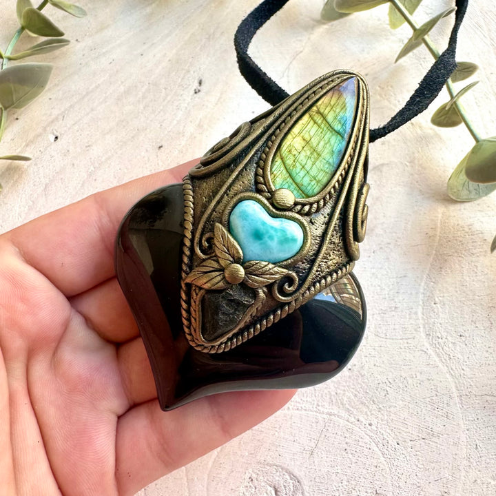 Healing crystal protection amulet necklace featuring Rainbow Obsidian, Labradorite, Larimar and Moldavite.