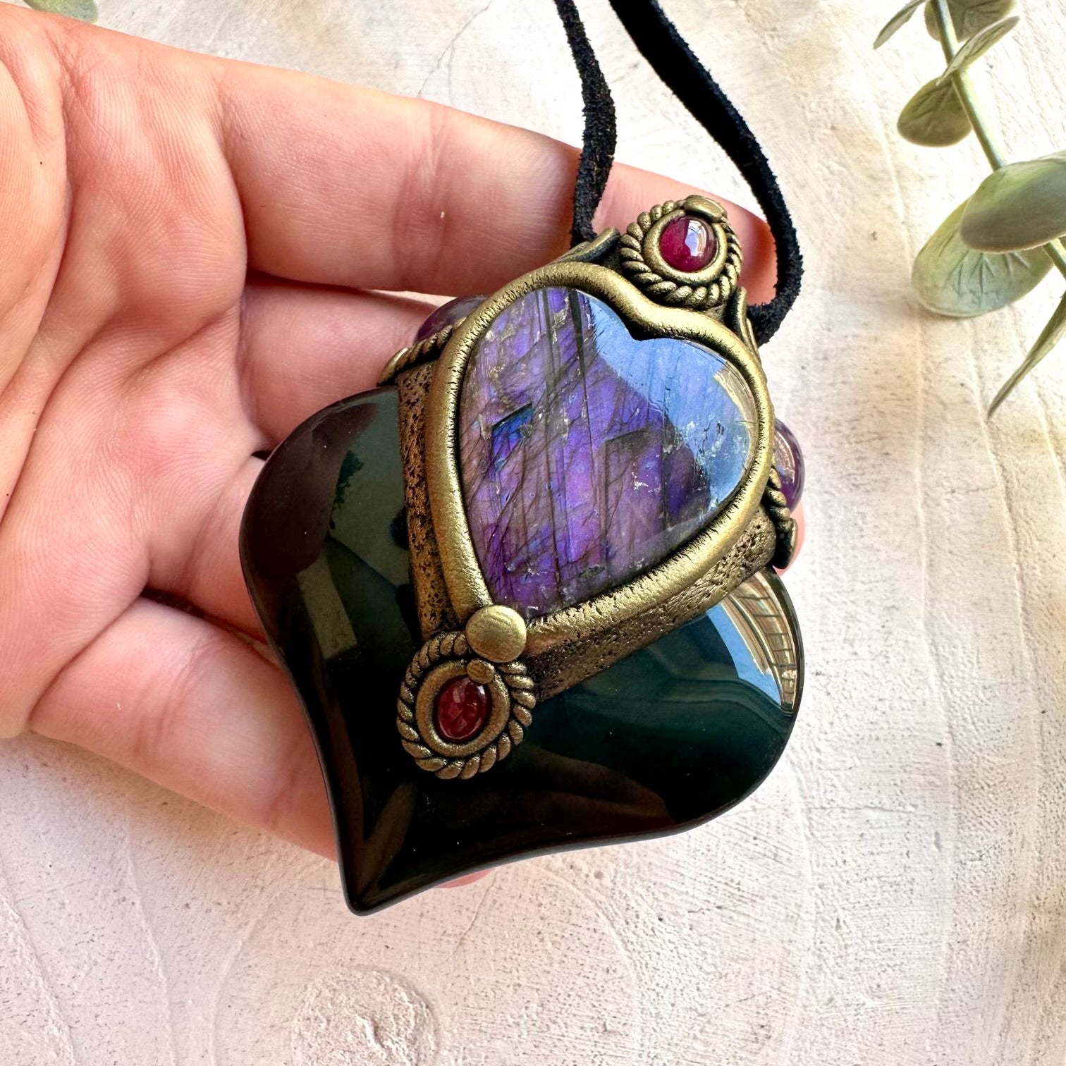 Clay healing crystal jewelry made with genuine Rainbow Obsidian and premium natural gemstones.