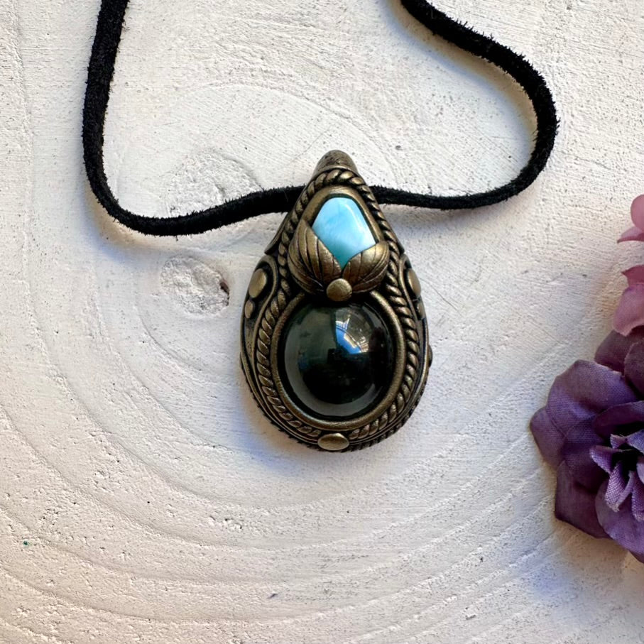 One-of-a-kind Rainbow Obsidian shimmer paired with genuine Larimar serenity stone, artisan handmade spiritual amulet necklace.