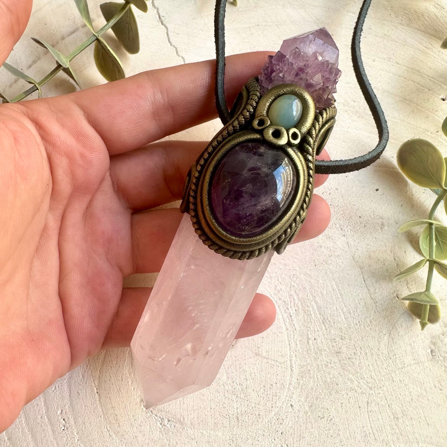 Statement crystal wand pendant combining Rose Quartz with Deep Purple Spirit Quartz and Amethyst.