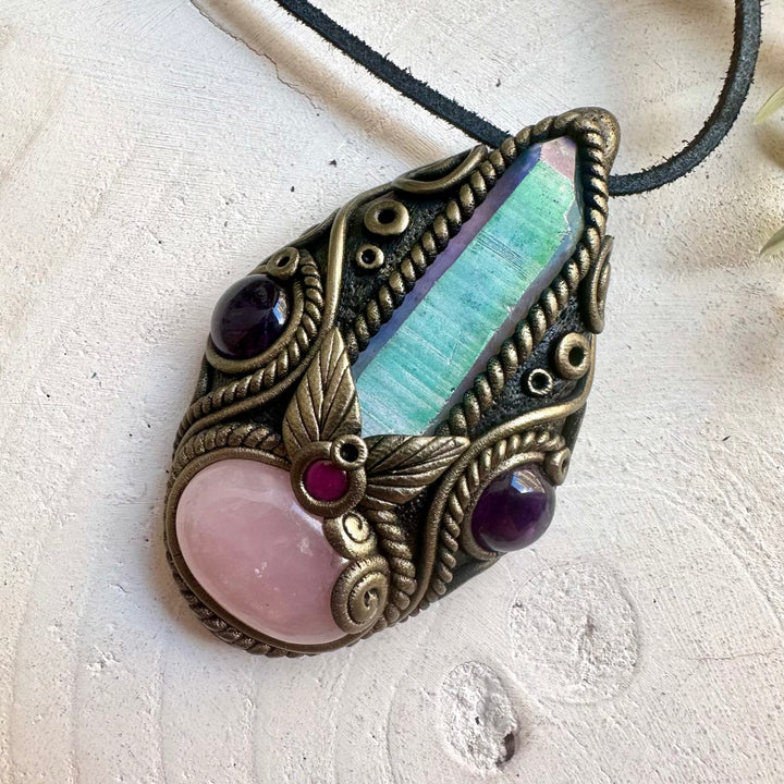 Handmade healing crystal necklace with Rose Quartz, Angel Aura Quartz and natural gemstone details.