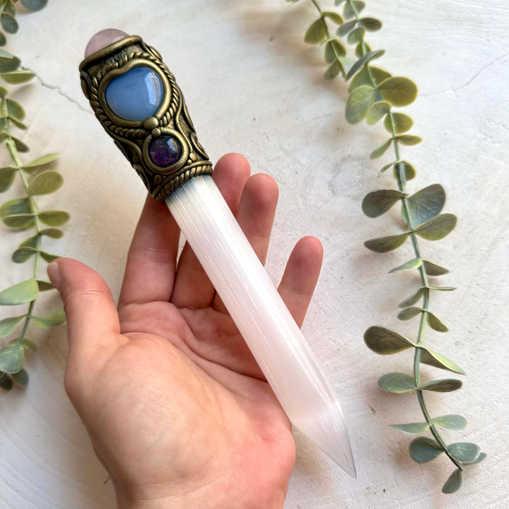 One of a kind healing crystal wand featuring Selenite with a Rose Quartz and Blue Chalcedony Heart.