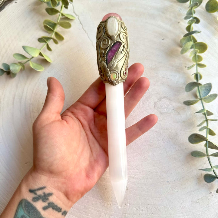 Handmade healing crystal tool with Selenite, Rose Quartz and vibrant Watermelon Tourmaline gemstones.